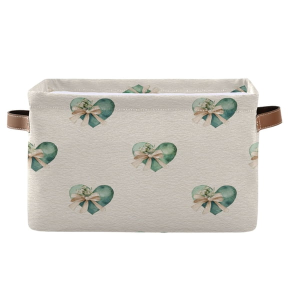 1-Pack Square Closet Organizers with Handles Open Basket Bins Emerald Green Hearts Pattern Storage Basket for Home Office