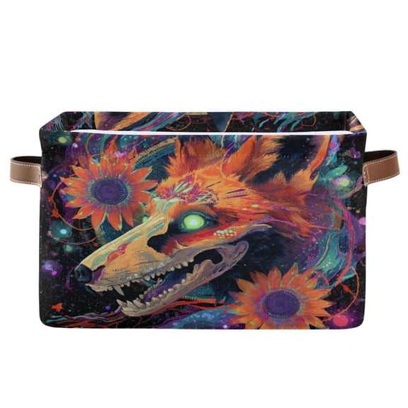 1-Pack Square Closet Organizers with Handles Open Basket Bins Fox Skull Storage Basket for Home Office