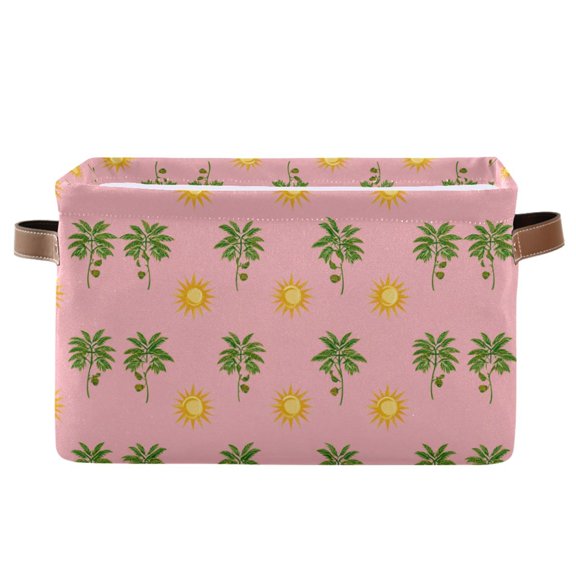 1-Pack Square Closet Organizers with Handles Open Basket Bins Green Palm Tree Pattern Storage Basket for Home Office