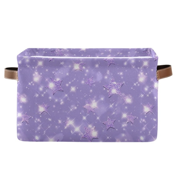 1-Pack Square Closet Organizers with Handles Open Basket Bins Lavender Glitter Stars Pattern Storage Basket for Home Office