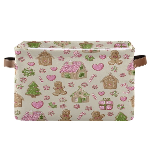1-Pack Square Closet Organizers with Handles Open Basket Bins Pink Cute Christmas Pattern Storage Basket for Home Office