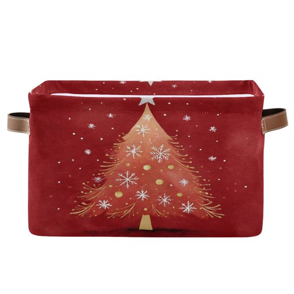 1-Pack Square Closet Organizers with Handles Open Basket Bins Red Christmas Tree Storage Basket for Home Office