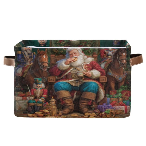 1-Pack Square Closet Organizers with Handles Open Basket Bins Santa Eating Cookies Storage Basket for Home Office