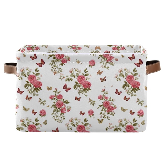 1-Pack Square Closet Organizers with Handles Open Basket Bins Small Butterfly and Rose Pattern Storage Basket for Home Office