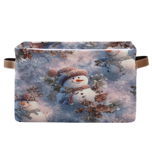 1-Pack Square Closet Organizers with Handles Open Basket Bins Snowman Pine Branch Storage Basket for Home Office