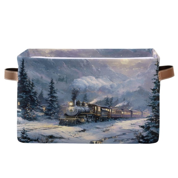 1-Pack Square Closet Organizers with Handles Open Basket Bins Vintage-style Christmas Train Storage Basket for Home Office