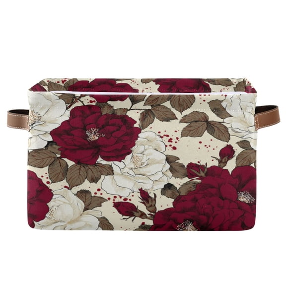 1-Pack Square Closet Organizers with Handles Open Basket Bins White and Crimson Roses Pattern Storage Basket for Home Office