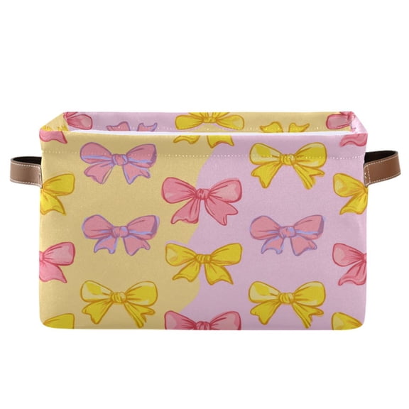1-Pack Square Closet Organizers with Handles Open Basket Bins Yellow and Pink Bows Storage Basket for Home Office
