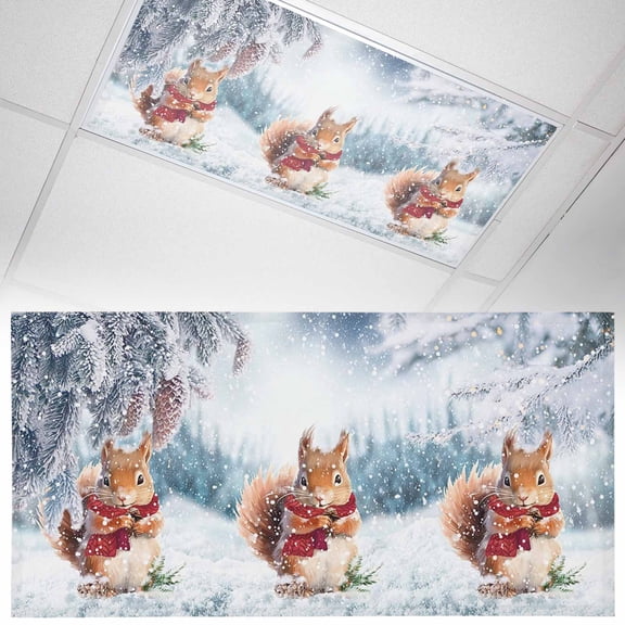 1 Pack Squirrel and Fluorescent Light Covers for Ceiling Lights Pine Cone Animal Pine Tree Snowscape Christmas Magnetic Ceiling Light Covers Overhead Light Filters for Office Classroom Home