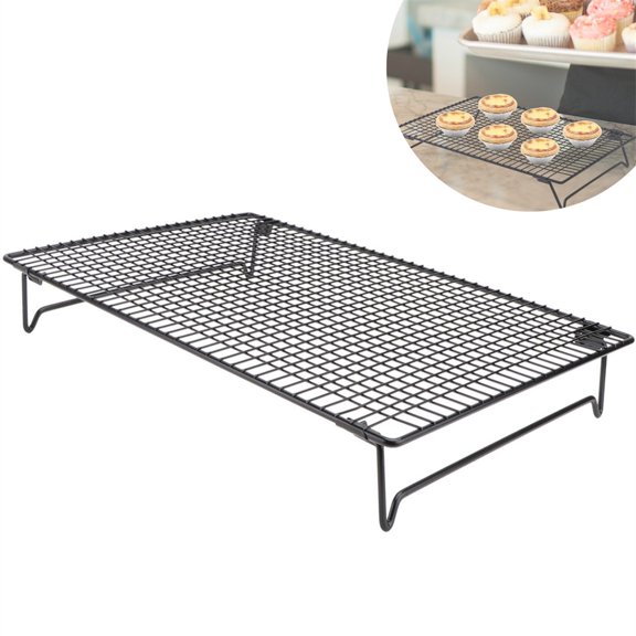 1 Pack Stackable Cooling Racks, 13.4 x 9.4 x 2.3 Inch Small Black Steel Cookie Drying Rack with Folding Legs, Non-Stick Wire Grid Stand for Home Kitchen, Baking Accessory, Office Desktop
