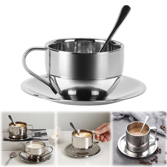 1 Pack Stainless Steel Coffee Cup Set, 180ml Coffee Mugs with Spoon and Saucer, Double Walled Espresso Cups Mugs for Coffee, Latte,Tea, Milk