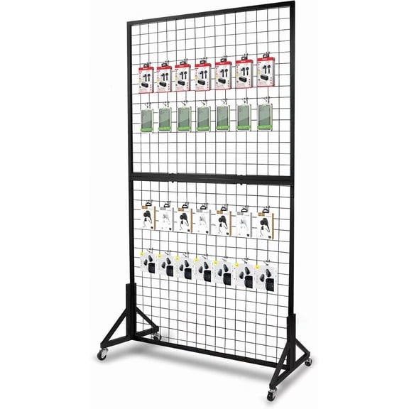 1-Pack Standing Grid Wall Panel with T-Base, 3' x 6' Two-Piece Modular Wire Gridwall Display Rack Tower for Art Craft Shows and Retail Displays, Black