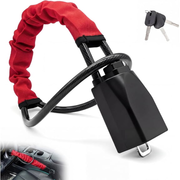 1 Pack Steering Wheel Lock Anti- Device, 25.6" Heavy Duty Braided Steel Lock with 3 B-Grade Cut-Resistant with Sleeve for SUV Van Golf Cart (Red)