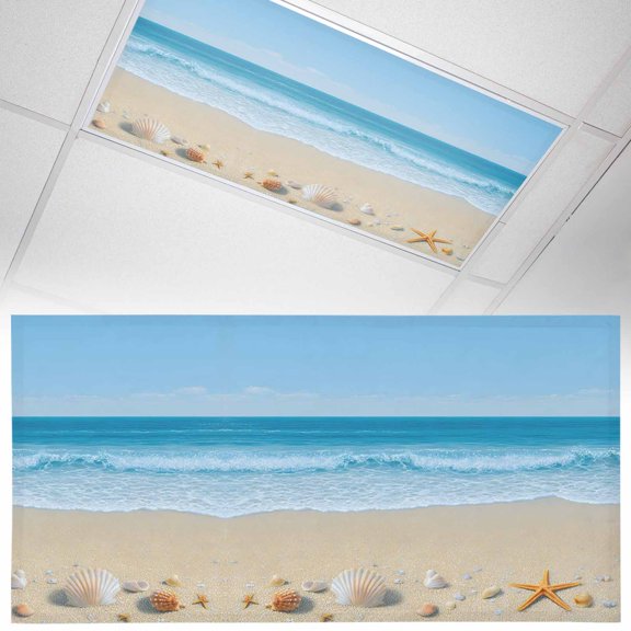1 Pack Summer Beaches Fluorescent Light Covers for Ceiling Lights Oceans Shells Starfish Conch Coastal Landscape Magnetic Ceiling Light Covers Overhead Light Filters for Office Classroom Home