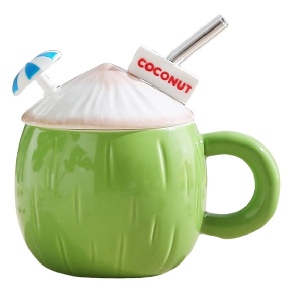 1 Pack Summer Coconut Shaped Ceramic Mug, TINGXIN Ceramic Drinking Cup with Lid and Straw, Reusable Coffee Mug for Kitchen, Dining and Beverage Use, Blue