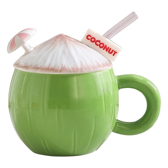 1 Pack Summer Coconut Shaped Ceramic Mug, TINGXIN Ceramic Drinking Cup with Lid and Straw, Reusable Coffee Mug for Kitchen, Dining and Beverage Use, Pink