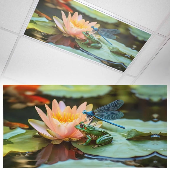 1 Pack Summer Lotus Fluorescent Light Covers for Ceiling Lights Flowers Frogs Dragonflies Animal Magnetic Ceiling Light Covers Overhead Light Filters for Office Classroom Home