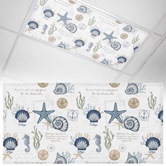 1 Pack Summer Marine Life Fluorescent Light Covers for Ceiling Lights Ocean Starfish Conch Shell Letter Print Retro Magnetic Ceiling Light Covers Overhead Light Filters for Office Classroom Home