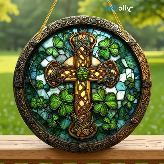 1 Pack Suncatcher Colorful Glass Cross and Four-Leaf Design Hanging Window Decoration, 7.87 Inch