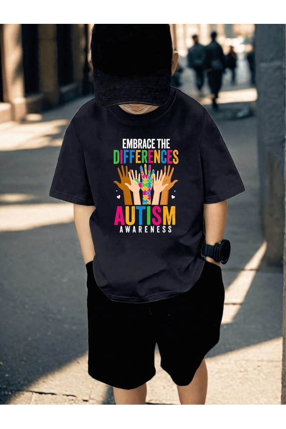1 Pack T-shirt Only,Embrace The Differences Autism Awareness Print T-Shirt For Kids Casual Wear,Size 4years-12years