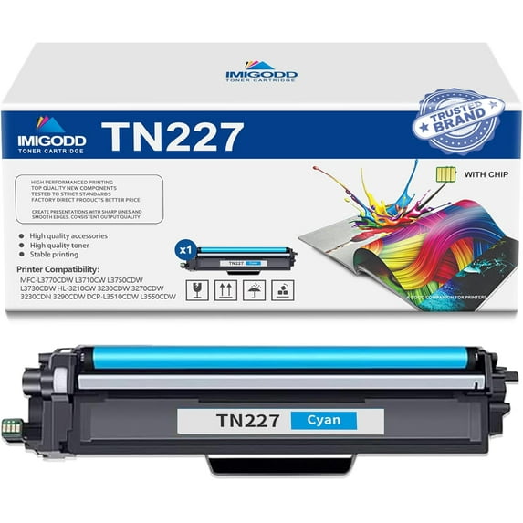 1-Pack TN227 Cyan Toner Cartridge (with Chip) Replacement for Brother High Capacity 3,000 Pages with MFC-L3770CDW L3710CW L3750CDW L3730CDW HL-3210CW 3230CDW 3270CDW 3290CDW DCP-L3510CDW Printer