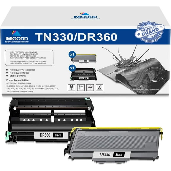 1-Pack TN330 Black Toner Cartridge & 1-Pack DR360 Black Drum Unit Replacement for Brother High Capacity with DCP-7030 7040 7045N HL-2120 2125 2140 2150 2150N 2170 MFC-7040 7340 7345DN 7440 Print
