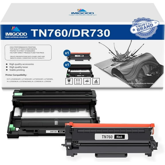 1-Pack TN760 Black Toner Cartridge & 1-Pack DR730 Black Drum Unit Replacement for Brother High Capacity with DCP-L2550DW MFC-L2710DW L2750DW L2750DWXL HL-L2350DW L2370DW/DWXL L2390DW L2395DW Printer