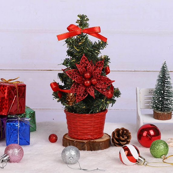 1 Pack Tabletop Mini Christmas Tree, 7.87" Artificial Christmas Tree Miniature Pine Christmas Tree with Flower and Bowknot Perfect for Christmas Decorations, Home, Kitchen, Dining Table
