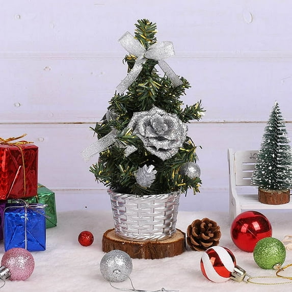 1 Pack Tabletop Mini Christmas Tree, 7.87" Artificial Christmas Tree Miniature Pine Christmas Tree with Flower and Bowknot Perfect for Christmas Decorations, Home, Kitchen, Dining Table