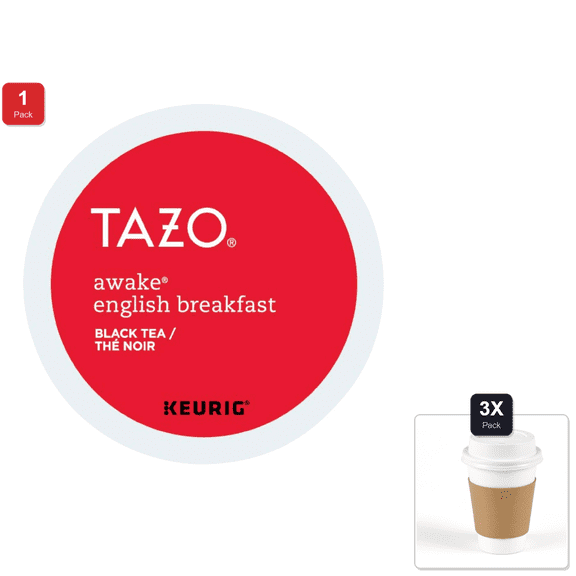 1 Pack | Tazo Awake English Breakfast Black Tea K-Cups, 96 Count & 3x 12oz Disposable Coffee Cup with Lid & Sleeve