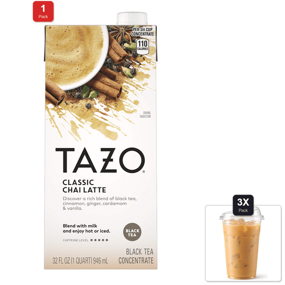 1 Pack | Tazo Classic Chai Latte, Black Tea Concentrate, Easy-To-Serve Caffeinated Chai Tea For Everyday Lattes, Mocktails And Hot Or Iced, 32 Oz Carton & 3x 16oz Plastic Cup with Strawless Sip-Lid