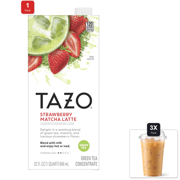 1 Pack | Tazo Strawberry Matcha Concentrate, Easy-To-Serve For Everyday Refreshers And Mocktails, 32 Oz Carton & 3x 16oz Plastic Cup with Strawless Sip-Lid