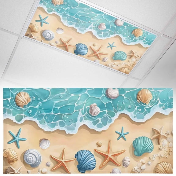 1 Pack Teal Beach Fluorescent Light Covers for Ceiling Lights Water Ripped Starfish Shell Shore Coastal Magnetic Ceiling Light Covers Overhead Light Filters for Office Classroom Home