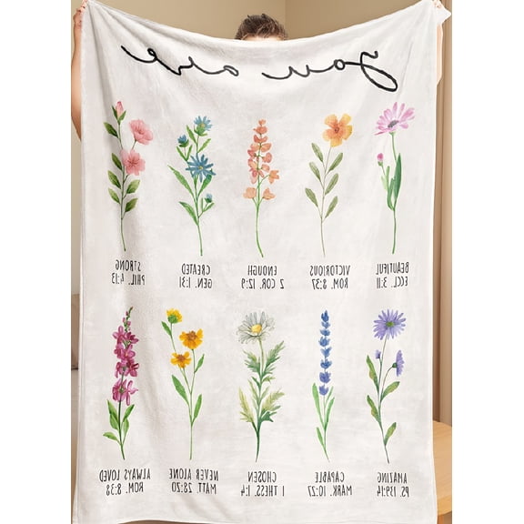 1 Pack Throw Blanket with Flower Print and Scripture Verse, Soft Flannel, Inspirational Gift for Women, 50x60 Inch