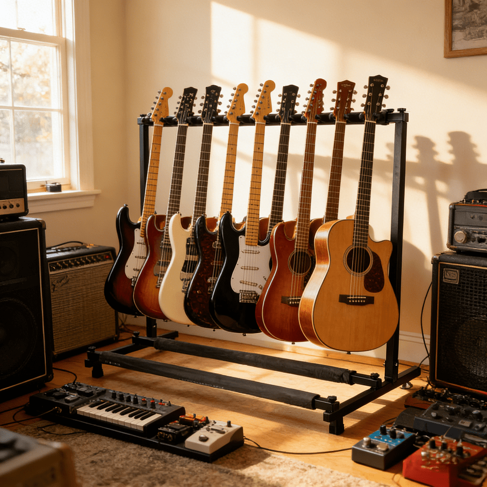 1 Pack Triple Folding Guitar Stand 9 Guitars Holders 44In Heavy Iron Frame Black Neoprene Padding Acoustic Electric Bass Studio Stage Home Display Storage Organizer Portable Collection Musician Gear