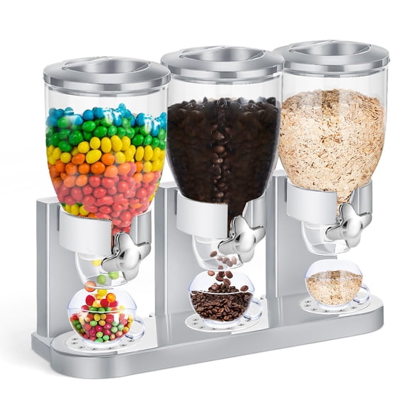 1 Pack Triple Indispensable Dry Food Dispenser 67oz Each Capacity Cereal Container For Storage Preserving Dispensing Kitchen Rice Candy Nuts Dog Granola Snack Gumball Countertop (silver)