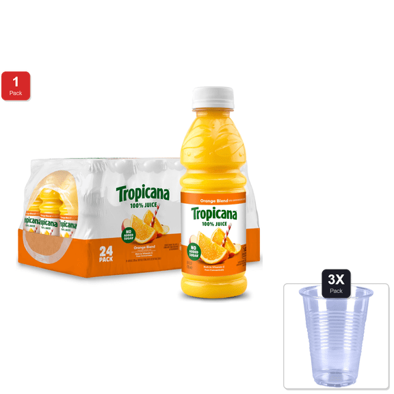 1 Pack | Tropicana 100% Juice Orange Blend, Single Serve, 10 Fl Oz Bottles (Pack Of 24) - Real Fruit Juice, Vitamin C Rich, No Added Sugars, No Artificial Flavors & 3x Disposable Cup