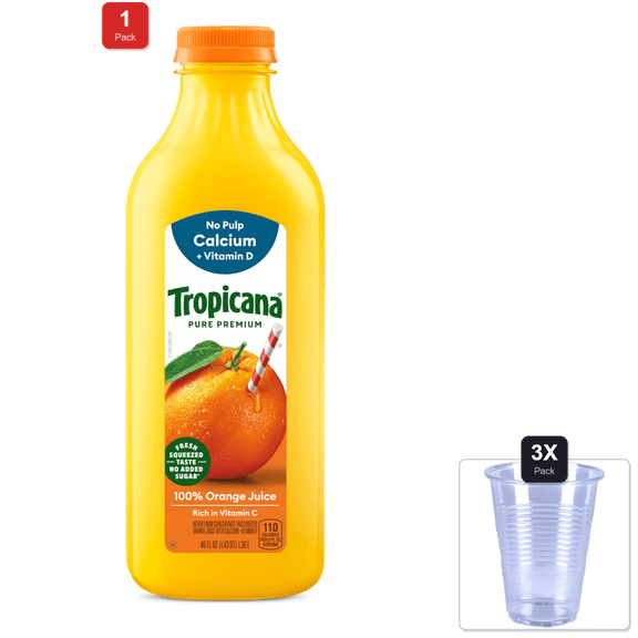 1 Pack | Tropicana Pure Premium 100% Orange Juice, No Pulp, Calcium And Vitamin D, 46 Fl Oz & 3x Disposable Cup