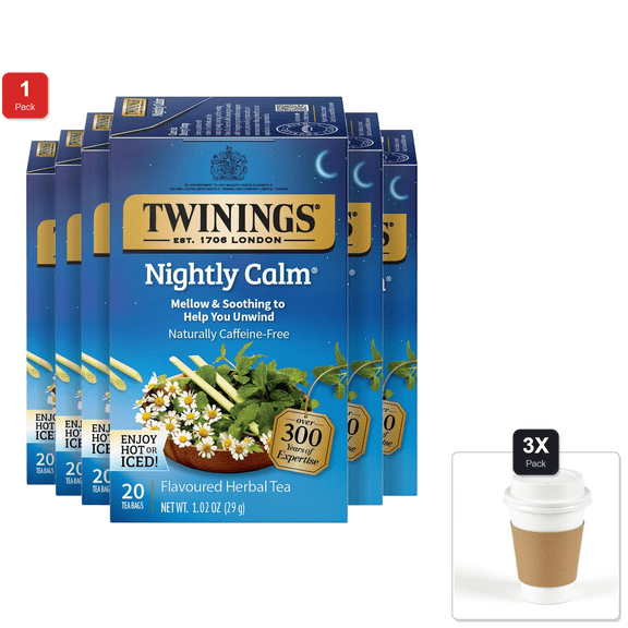 1 Pack | Twinings Nightly Calm Herbal Tea Individually Wrapped Bags, 20 Count (Pack Of 6) Spearmint & Lemongrass, Naturally Caffeine-Free & 3x 12oz Disposable Coffee Cup with Lid & Sleeve