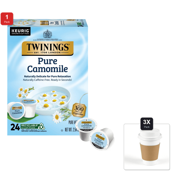 1 Pack | Twinings Pure Camomile Herbal Tea K-Cup Pods For Keurig, 24 Count, Made With Pure Camomile Blossoms, Naturally Caffeine-Free & 3x 12oz Disposable Coffee Cup with Lid & Sleeve