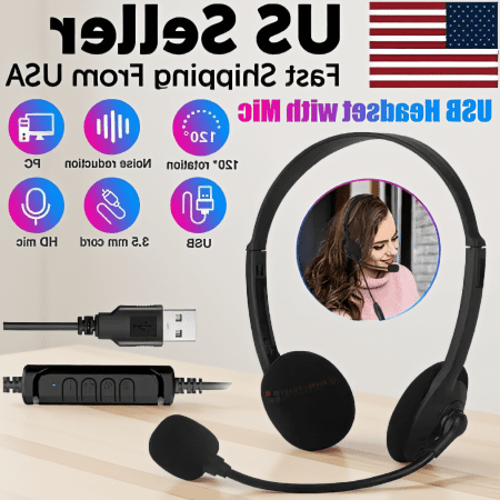 1-Pack USB Headset with Noise Cancelling Microphone, Over-Ear Headphones for PC and Laptop Computer Calls Chat