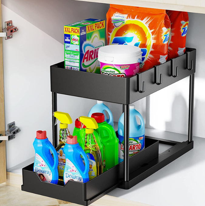 Under Sink Organizer 2 Tier, L Shaped Sliding Cabinet Basket Organizer,  Slide Out Under Cabinet Storage, Multi-Purpose Pull Out Cabinet Organizer  For
