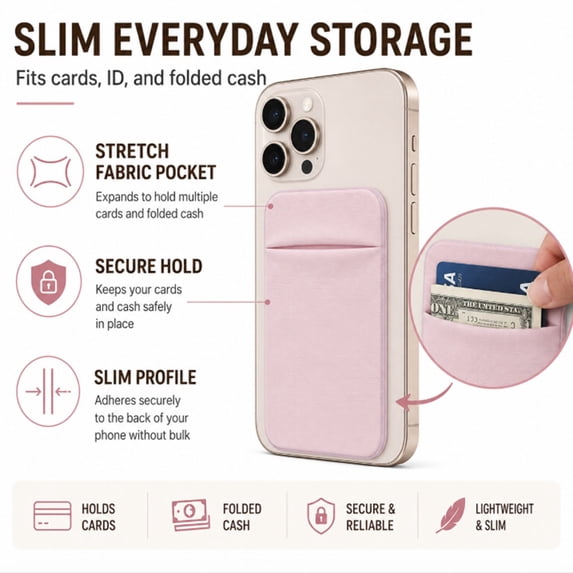 Stick On Phone Wallet Pocket, Adhesive Cell Phone Card Holder Pouch for ID, Credit Cards and Cash, TIKA