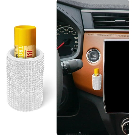 1 Pack Upright Car Chapstick Holder, Bling Insulating Lip Balm Holder,Rhinestone Car Accessories for Women Interior,Suitable for Most Vehicles.(White)