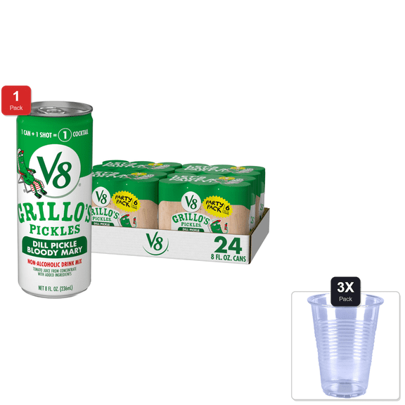 1 Pack | V8 Grillos Pickles Dill Pickle Bloody Mary Mix, 8 Fl Oz Can (24 Pack) & 3x Disposable Cup