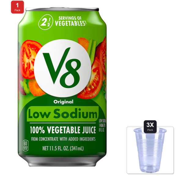 1 Pack | V8 Low Sodium Original 100% Vegetable Juice, 11.5 Fl Oz Can & 3x Disposable Cup