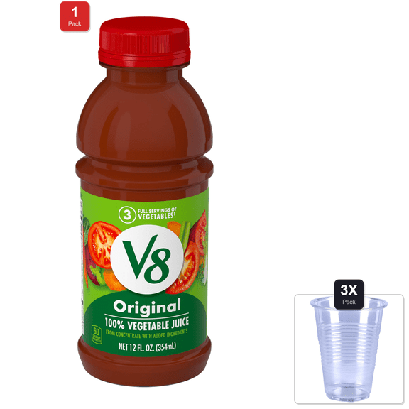 1 Pack | V8 Original 100% Vegetable Juice, 12 Fl Oz Bottle & 3x Disposable Cup