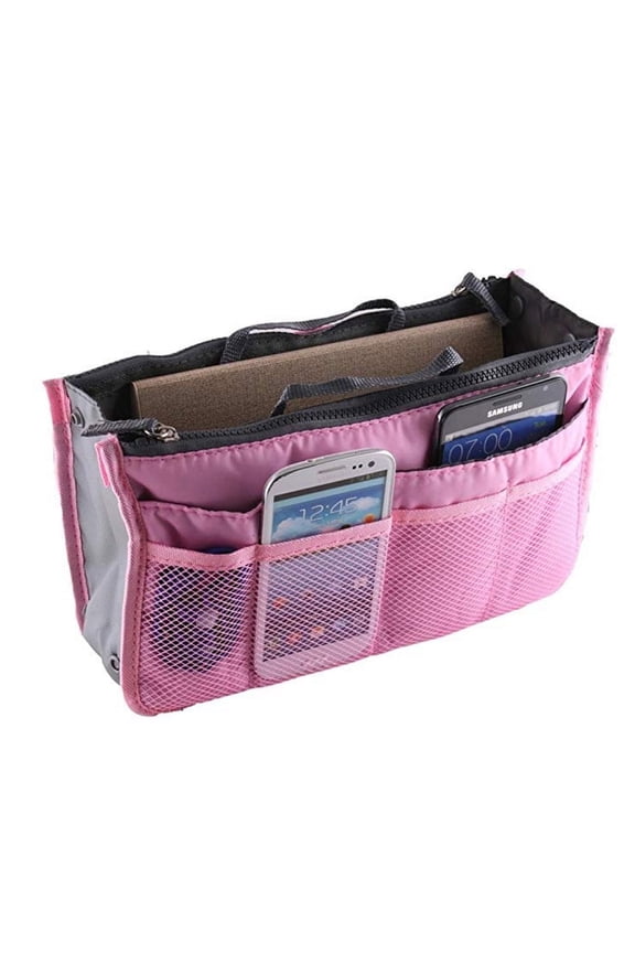 1-Pack Purse Organizer Insert with Zipper Handles, 13-Pocket Multi-Compartment Handbag Tote Liner, Compact Travel Bag-in-Bag for Women Pink TIKA