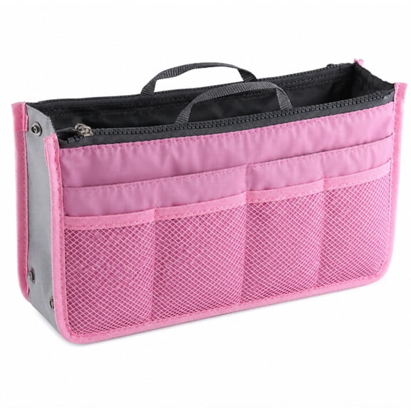 Purse Organizer Insert with Zipper and Handles, 13 Pocket Handbag Tote Bag Organizer Liner, Pink, TIKA