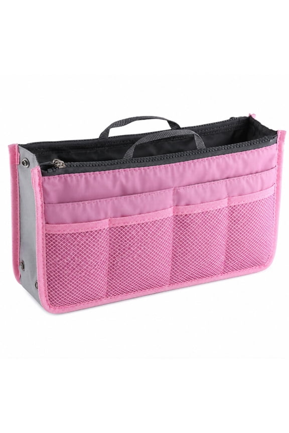 Purse Organizer Insert with Zipper and Handles, 13 Pocket Handbag Tote Bag Organizer Liner, Pink, TIKA